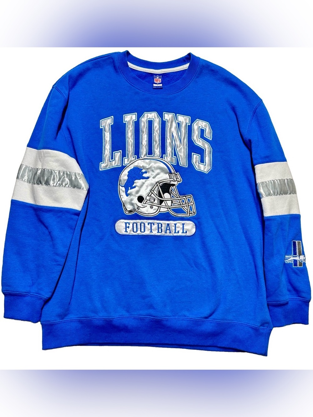 Detroit Lions NFL Crewneck Sweatshirt Large Silver Satin Applique Retro